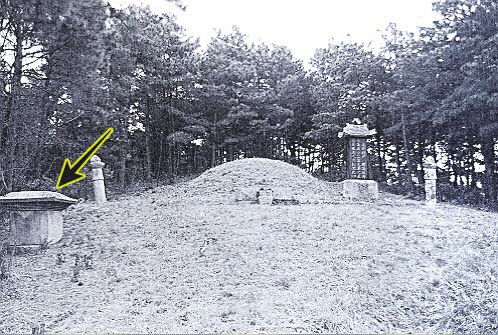 〈사진6〉 김원택 묘역과 그 앞에 있는 석탑(죄측 화살표)의 일부