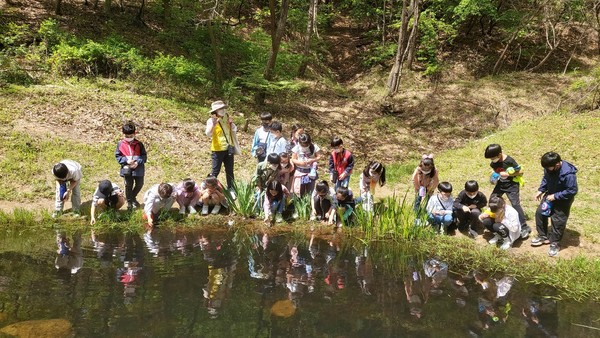  2학년 학생들이 학교 숲 코디네이터와 함께하는 찾아가는 숲 교육 프로그램에 참여하는 모습